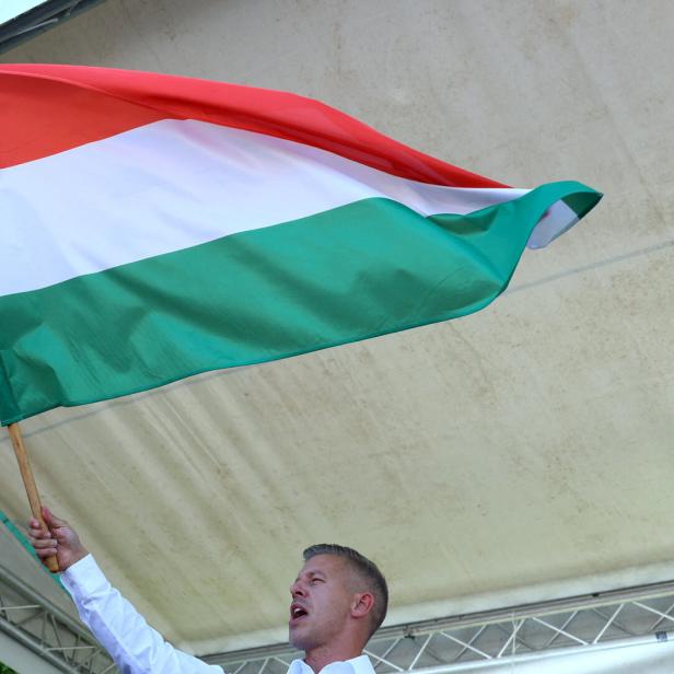Peter Magyar steht auf einer Bühne und hält die ungarische Flagge hoch