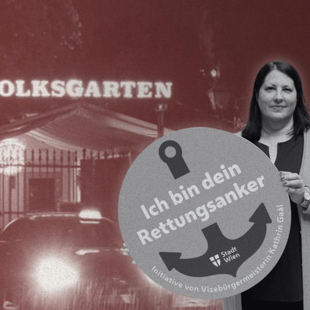 Stadträtin Gaál hält ein rundes Schild mit dem Rettungsanker-Logo. Im Hintergrund eine Nachtaufnahme des Clubs "Volksgarten".