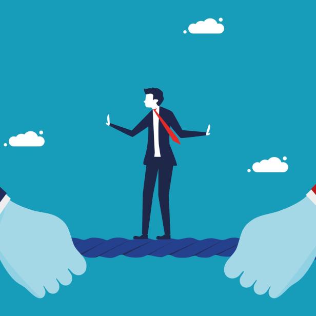 Illustration eines Business Manns, der auf einem Seil balanciert
