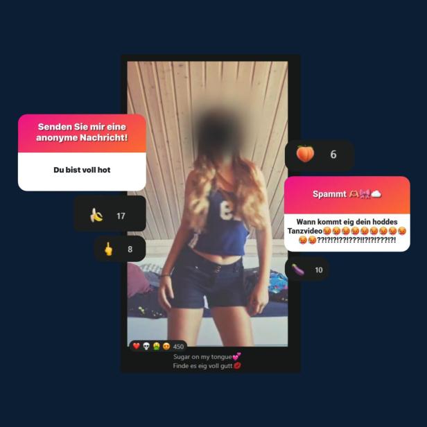Das Foto zeigt ein Mädchen, umgeben von Kommentaren und Emojis. Einer der Kommentare lautet: "Wann kommt eig dein hoddes Tanzvideo?".