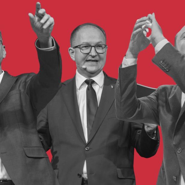 Schwarz-weiß-Ausschnitte von Daniel Fellner, Martin Winkler und Mar Lercher vor einem roten Hintergrund