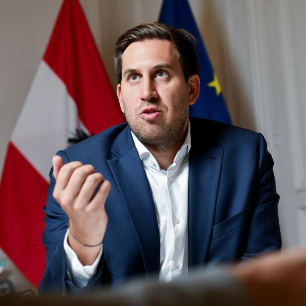 Alexander Pröll spricht im Interview vor österreichischer und EU-Flagge über digitale Souveränität und Abhängigkeit von US-Konzernen