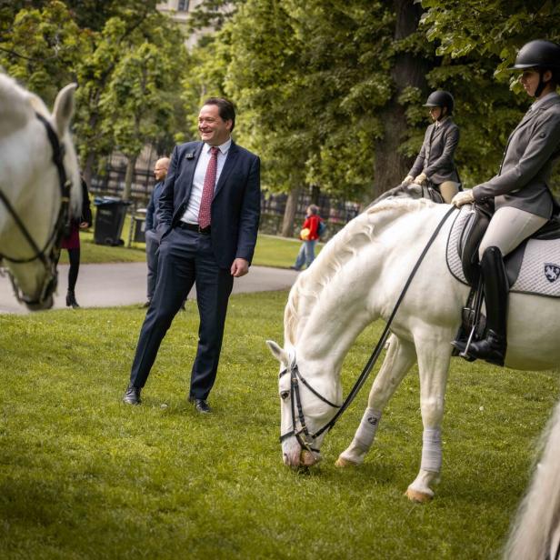 Minister Norbert Totschnig steht auf einer Wiese in einem Park, um ihn herum Lipizzaner mit Reitern.
