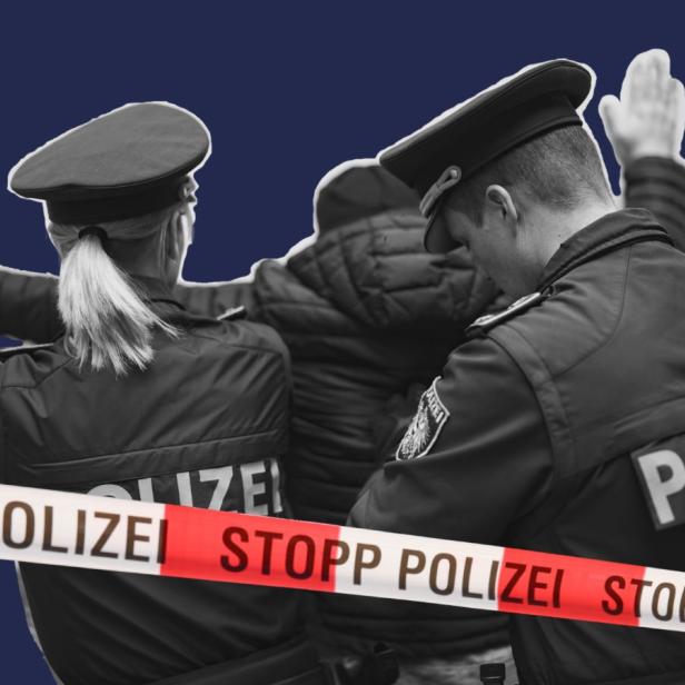 Collage: Eine Polizistin und ein Polizist verhaften eine Person, davor ist ein Sperrband. Die Personen sind freigestellt und in schwarz-weiß