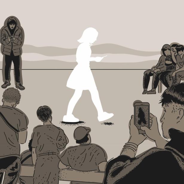 Man sieht eine Illustration von einem Mädchen, das von Burschen umringt ist