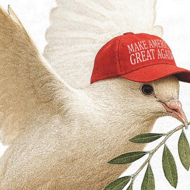 Eine Friedenstaube mit einem Olivenzweig im Schnabel trägt eine rote Kappe mit der Aufschrift „Make America Great Again“, als Anspielung auf Donald Trumps Nahost-Friedensplan.