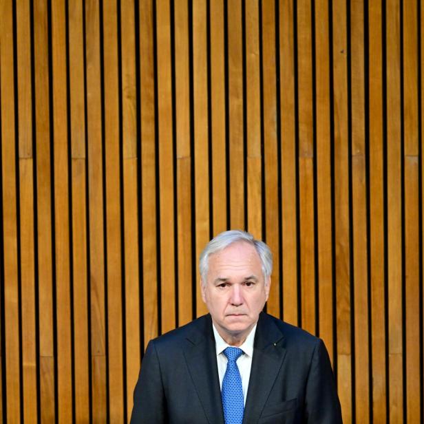 Ein Mann im Anzug sitzt vor einer hölzernen Wand. Es ist Nationalratspräsident Rosenkranz.