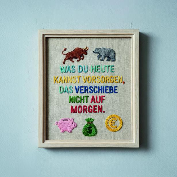 Stickbild mit einem Stier, einem Bären, einem Sparschwein, einem Geldsack und einer Euro-Münze sowie dem Text 'WAS DU HEUTE KANNST VORSORGEN, DAS VERSCHIEBE NICHT AUF MORGEN' in verschiedenen Farben.