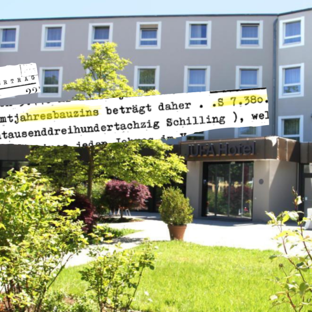 Jufa Hotel Salzburg Außenansicht mit einem Faksimilie des Baurechtsvertrags