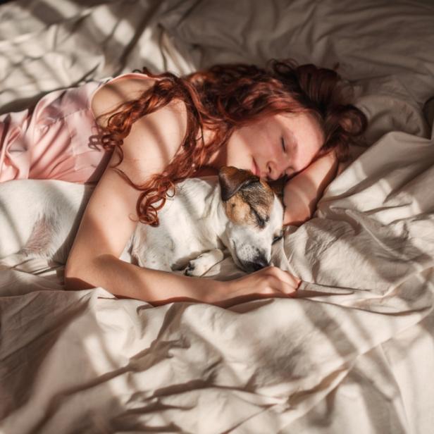 Frau und Hund schlafen in einem Bett