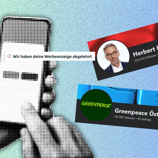 Eine Person hält ein Handy in der Hand auf dem steht "Wir haben deine Werbeanzeige abgelehnt", daneben ein Screenshot von Kickls und Greenpeace Facebookseite