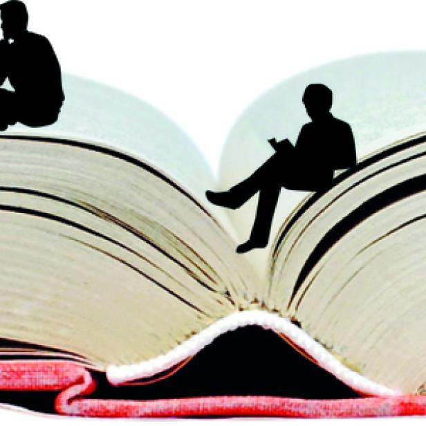 Die Grafik zeigt ein aufgeschlagenes Buch mit Lesenden