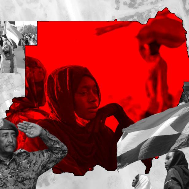 Collage: In der Mitte ist eine flüchtende Frau in den Umrissen des Sudan, links unten Generäle (Burhan und Hemeti) und rechts unten Protestierende mit einer Sudan-Flagge.