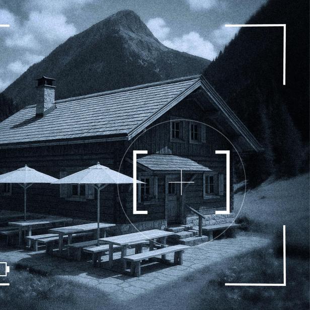 Berghütte mit Holzbänken und Sonnenschirmen, umgeben von Bergen, im Fadenkreuz dargestellt. Die Finanzpolizei jagt auch dort nach Steuerfahndern.