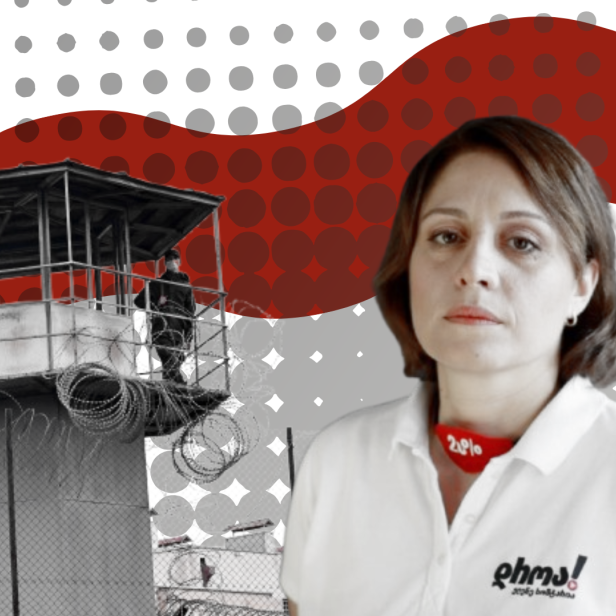 Collage, rechts Porträtfoto einer Frau, links ein Wachturm.