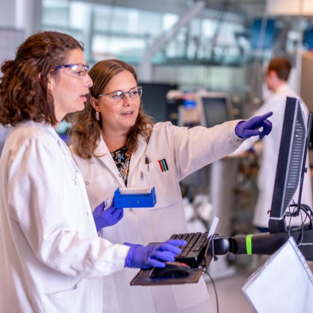 Zwei Personen in weißen Laborkitteln und blauen Handschuhen arbeiten an einem Computer in einem Labor.