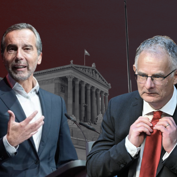 Ex-Kanzler Christian Kern und Finanzminister Markus Marterbauer auf eine digitalen Kollage vor dem Parlament in Wien.