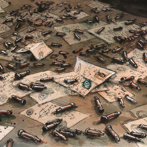 Illustration zum Projekt „Damascus Dossier“: auf dem Boden verstreute Papiere, dazwischen Patronen