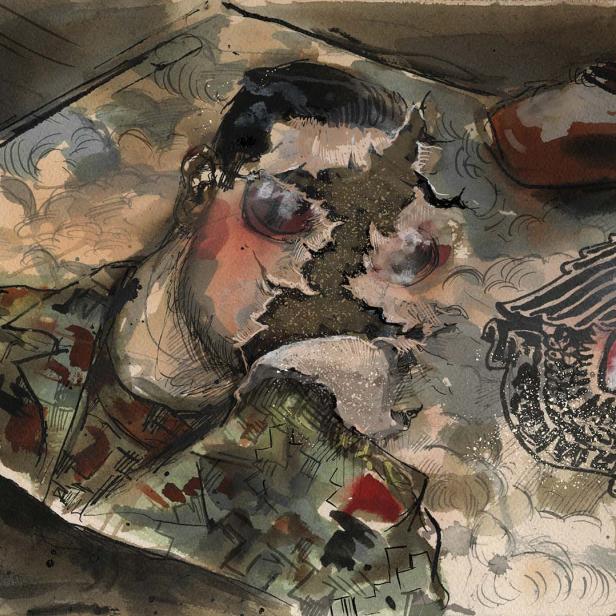 Illustration aus dem Projekt „Damascus Dossier“: ein zerissenes Blatt, auf dem Bashar al-Assad zu sehen ist