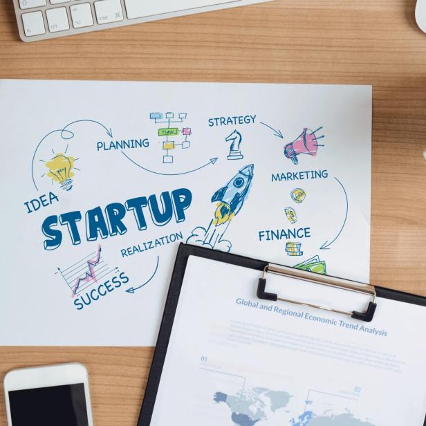 Papier mit bunter Skizze zu Startup-Themen wie Idee, Planung, Strategie, Marketing, Finanzen und Erfolg auf Schreibtisch mit Tastatur, Smartphone, Kaffeetasse und Dokumenten.