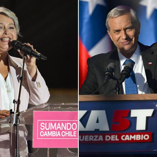 Links eine Frau vor einem Mikro (Jeanette Jara), rechts ein Mann vor einem Redepulst (Jose Kast)