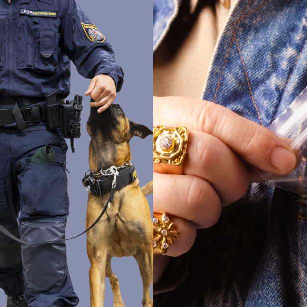 Auf der linken Seite ein Polizist mit Hund, auf der rechten Seite eine Hand, die ein Baggy hält  