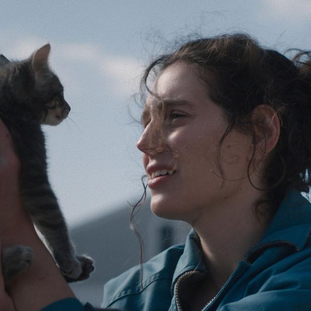 Junge Frau hält Katze hoch und blickt diese fasziniert an.