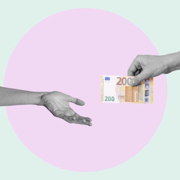 Eine Hand reicht einer anderen Hand 200 Euro abstrakes Bild