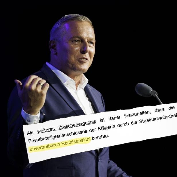 Landeshauptmann Mario Kunasek (FPÖ) am Freitag, 27. Juni 2025, während des Landesparteitags der FPÖ Steiermark in Graz. Über dem Bild liegt ein Faksimile eines Gerichtsurteils. Darin steht, dass die Staatsanwaltschaft eine unvertretbare Rechtsansicht hatte.