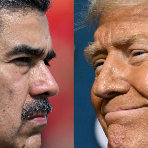 Links Nicolas Maduro, rechts Donald Trump, Trump lächelt, Maduro schaut grimmig