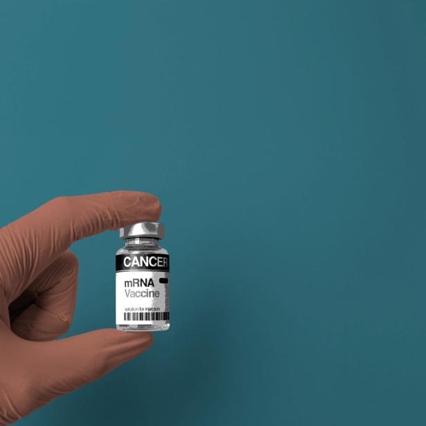 mRNA Vaccine Vial For Cancer Immunotherapy On Blue Background