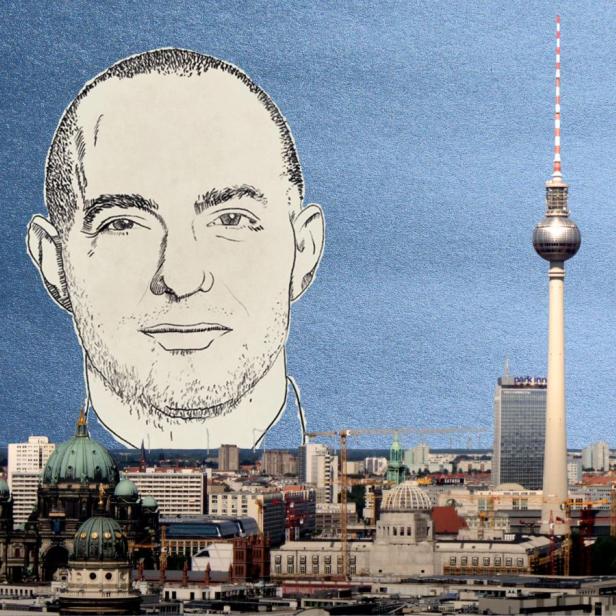 Eine Zeichnung von Jan Marsalek hinter der Beliner Skyline