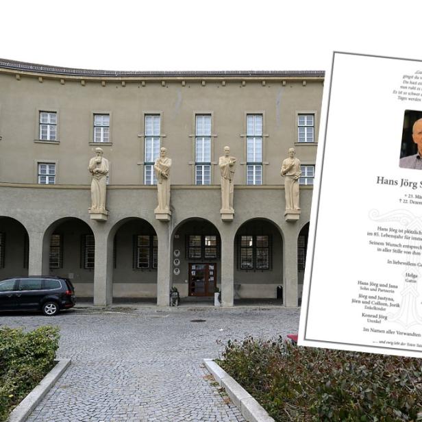 Landesgericht Krems, daneben die Todesanzeige von FPÖ-Politiker Hans Jörg Schimanek