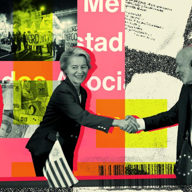 EU-Kommissionspräsidentin Ursula Von der Leyen schüttelt die Hand des brasilianischen Präsidenten Luiz Inácio Lula da Silva. Im Hintergrund sind Fotos der Proteste gegen den Mercosur-Deal und Geldscheine zu sehen. 