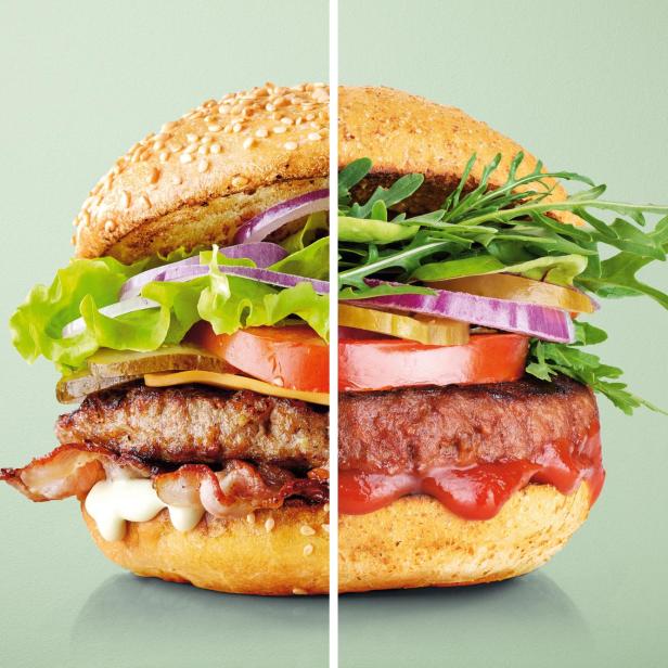 Ein Burger, Hälfte vegan, Hälfte tierisch