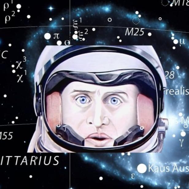 Gezeichnetes Gesicht eines Astronauten mit Helm, im Hintergrund eine Sternenkarte