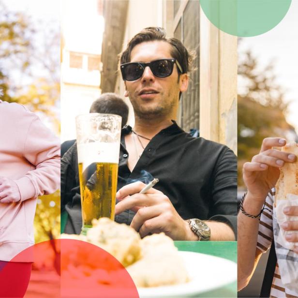 Eine Frau läuft, ein Mann trinkt Bier und raucht, ein Mann isst ein Sandwich