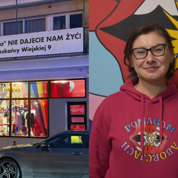 Links sieht man das Abtreibungslokal von außen, rechts ein Foto von der Managerin von "Abotak", Emilia Niemiec