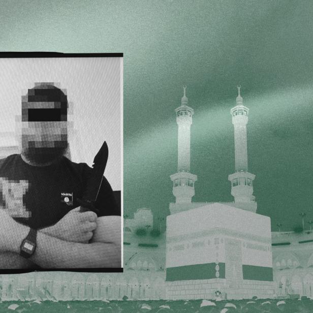 Ein Islamist in Bildkombination mit der Kabaa in Mekka
