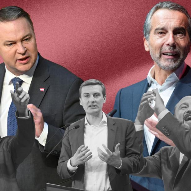 SPÖ-Chef Andreas Babler, Herausforderer Christian Kern und die Landeschefs Daniel Fellner, Sven Hergovich und Max Lercher