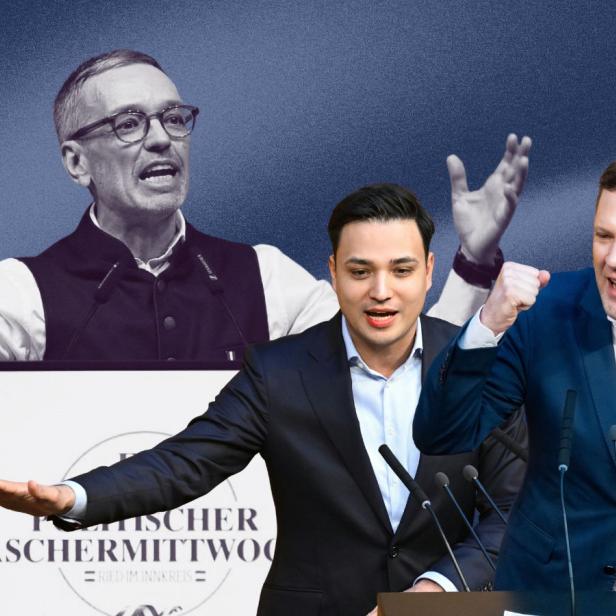 Man sieht zwei männliche Politiker vor einem anderen Mann