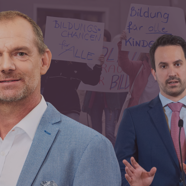 Herbert Weiß, der Vorsitzende der AHS-Lehrergewerkschaft und Bildungsminister Christoph Wiedekehr auf einer Kollage, im Hintergrund eine Lehrerinnendemonstration
