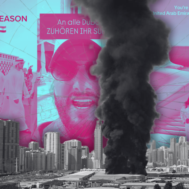 Dubai-Influencer im Hintergrund, eine Rauchwolke auf der Stadt im Vordergrund
