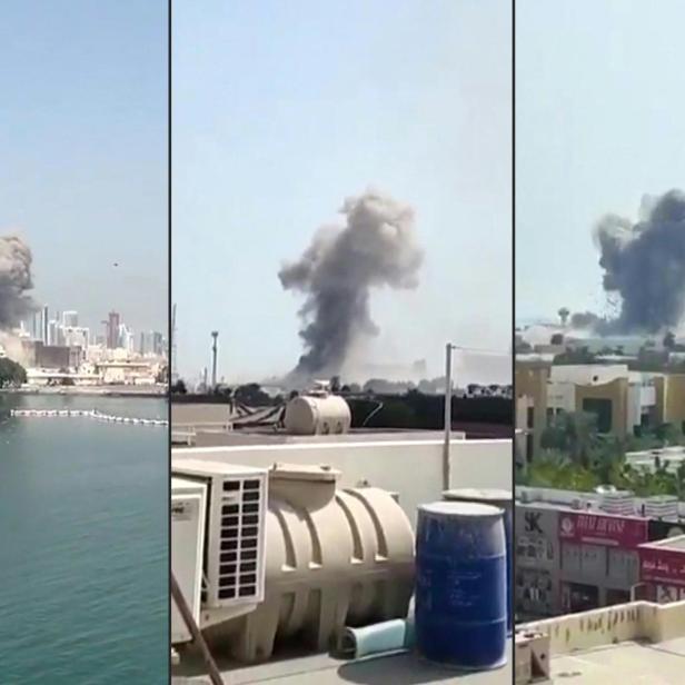 3 Bilder vom Hafen in Manama, eine Rauchsäule steigt auf