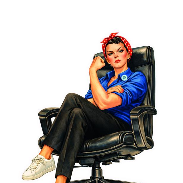 Illustration einer Frau in feministischer Kampfpose auf Chefinnen-Sessel