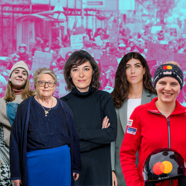 Verschiedene Frauen vor einem bunten Hitnergrund.
