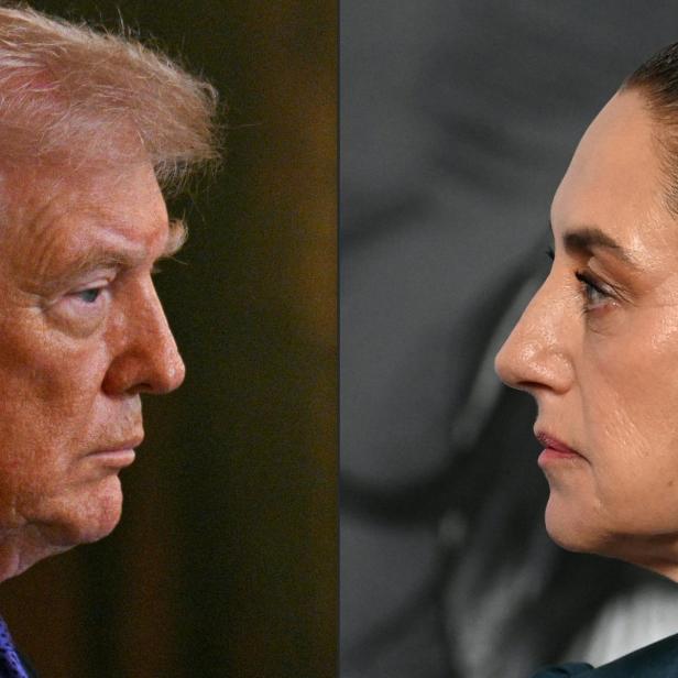 Fotocollage zweier Bilder, wo sich US-Präsident Donald Trump und Mexikos Präsidentin Claudia Sheinbaum sich anschauen.