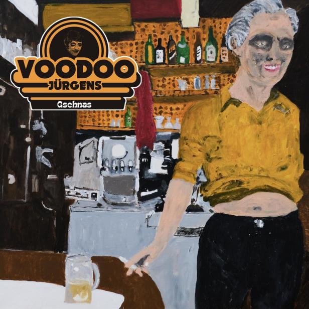 Albumcover von Voodoo Jürgens' "Gschnas" zeigt ein Gemälde von einer Beisl-Szene