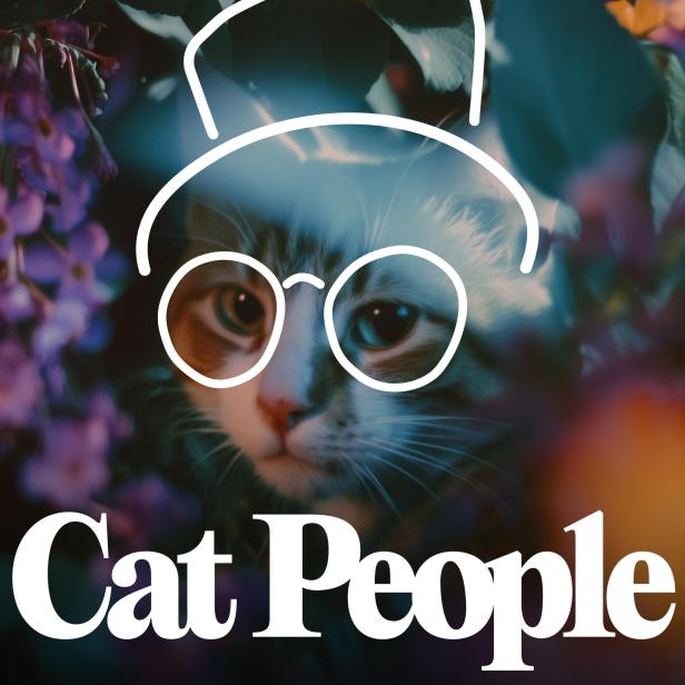 Podcast-Cover mit orangener Katze mit gezeichnetem Hut und Brille.