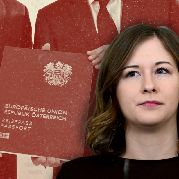 Eine Frau blickt nach vorne, im Hintergrund halten zwei Personen einen großen österreichischen Reisepass.